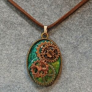 Handcrafted Green Steampunk Gear Pendant Necklace